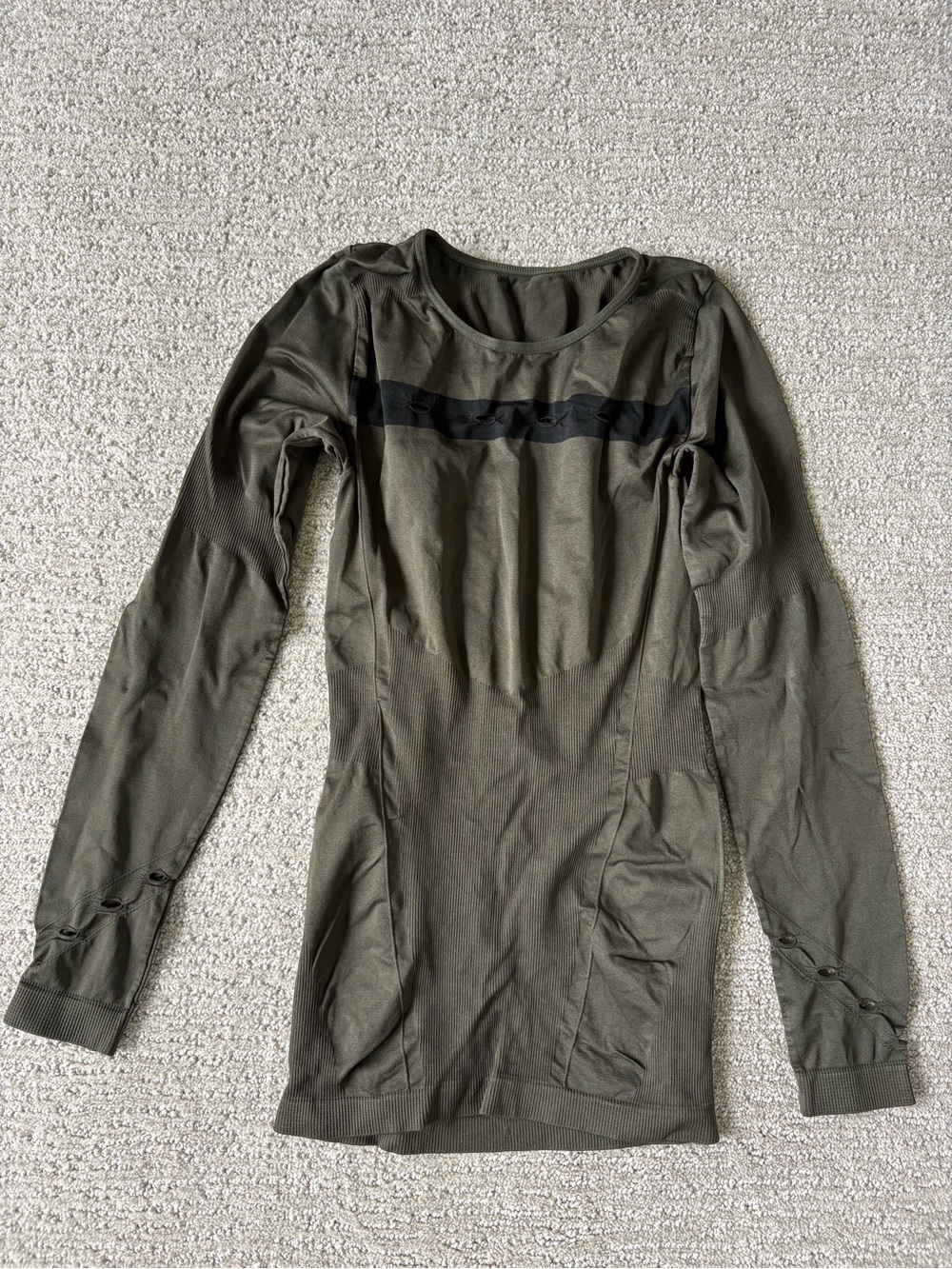 Alala Olive Green Long Sleeve Athletic Top with Black Chest Stripe